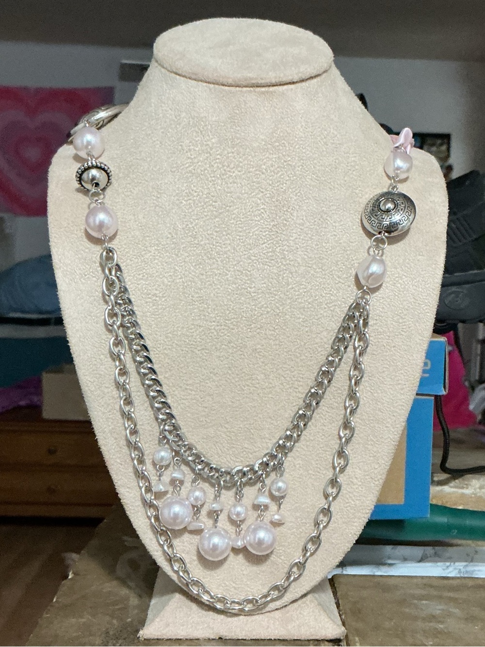 paparazzi Silver Multi-Chain Necklace with White Pearl Drops